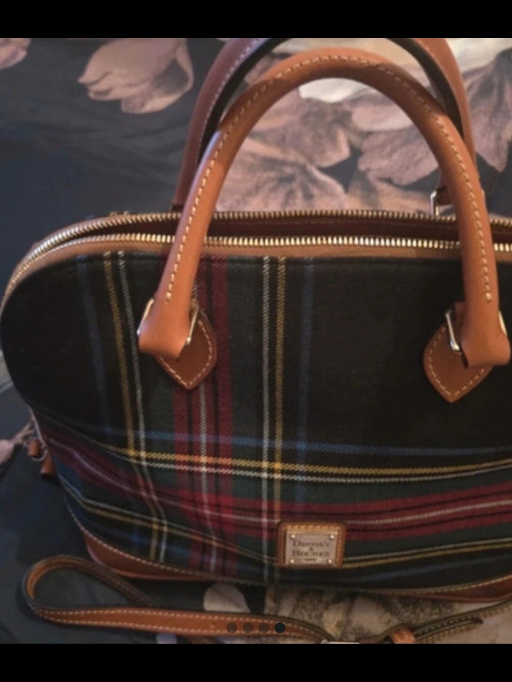 Dooney & Bourke Green Plaid Messenger with Brown Leather Trim